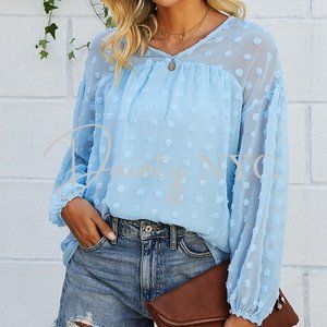 Baby Blue Sheer Polka Dot Bubble Sleeve Blouse